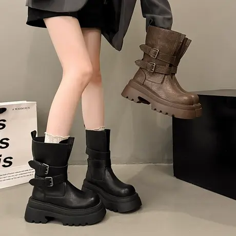 厚底增高马丁靴女2025新款秋季高级百搭短靴小个子气质复古骑士靴图片