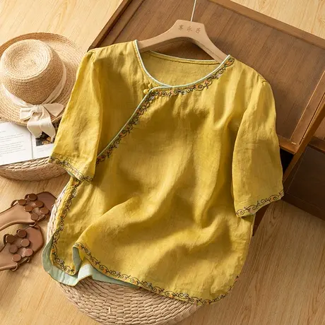 享永子短袖苎麻T恤女文艺复古刺绣斜襟盘扣棉麻上衣2023夏季新款图片