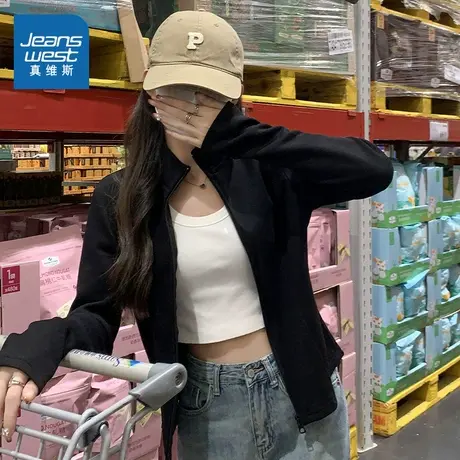KMV真维斯黑色卫衣女开衫春秋季2025新款爆款修身上衣小个子外套图片