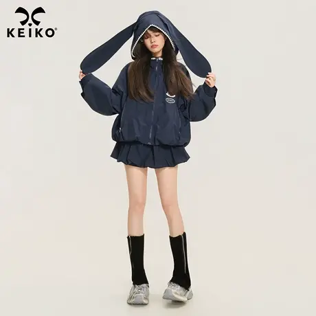KEIKO 可爱兔耳朵连帽户外防风短外套女25秋季花苞廓形休闲冲锋衣商品大图