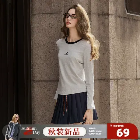 唐狮2025春秋季女士长袖T恤圆领撞色设计感简约百搭舒适修身显瘦商品大图