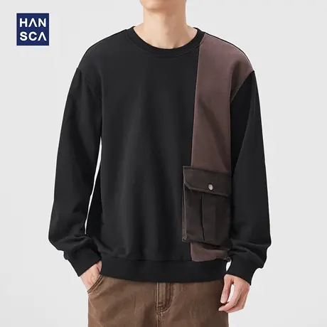 hansca复古机能风工装圆领卫衣男2025秋季新款宽松撞色大口袋上衣商品大图