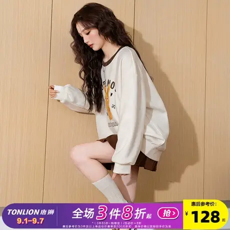 唐狮加绒卫衣女2025春季新款圆领卡通印花套头卫衣撞色休闲卫衣潮图片