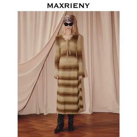 MAXRIENY乡村巴恩风穿搭连衣裙25秋款渐变条纹收腰针织长袖长裙图片