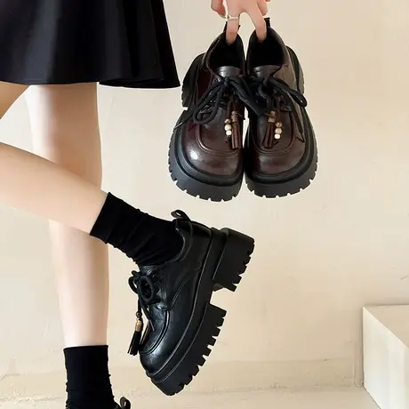 厚底增高乐福鞋女2025秋季新款系带百搭单鞋通勤小个子时尚小皮鞋商品大图