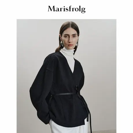 Marisfrolg玛丝菲尔2025冬新款黑色V领落肩廓形收腰毛呢大衣外套商品大图