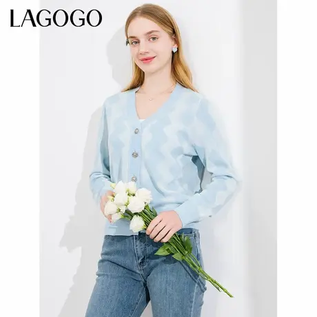LAGOGO亮丝V领针织衫女拉谷谷春秋新款浅蓝色慵懒风薄毛衣开衫商品大图