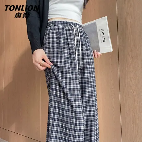唐狮官方格纹阔腿裤女2026新款春季薄款裤子宽松慵懒直筒休闲裤VC商品大图