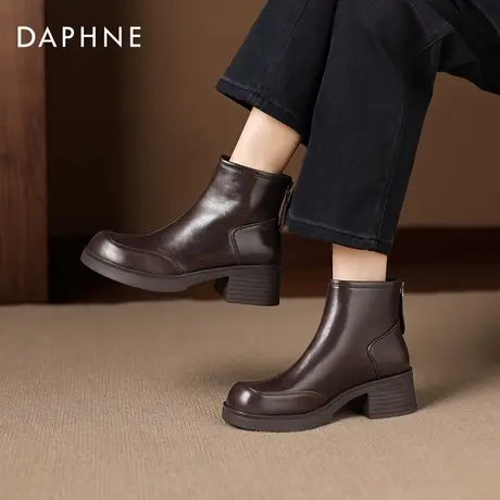 达芙妮美拉德棕色增高跟马丁小短靴女2026新款冬季皮靴皮鞋瘦瘦靴商品大图