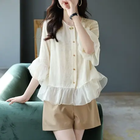 宝诗黎网纱拼接减龄新款洋气衬衫女2023年夏季喇叭袖气质减龄上衣商品大图