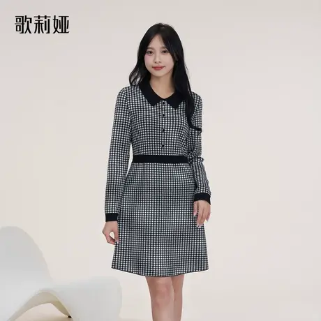 歌莉娅格子长袖连衣裙女秋季新款气质通勤天丝羊毛裙子1B9C4G3H0商品大图