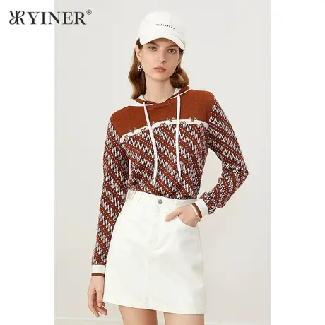 YINER音儿女装2021秋季新款气质连帽印花毛针织衫商品大图