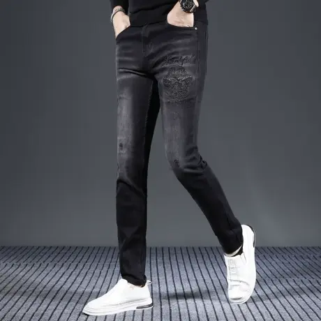 牛仔裤秋冬款男修身小脚裤黑色2023新款刺绣印花烫钻潮牌痞帅男裤商品大图