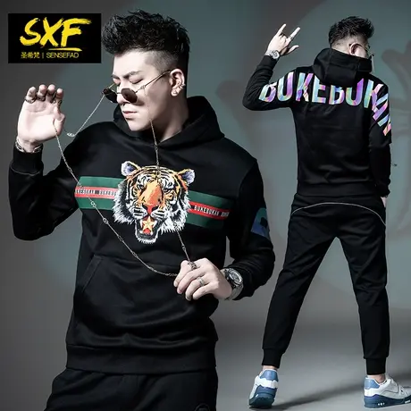 SXF圣希梵卫衣男连帽 2022春装新款上衣虎头烫钻炫彩印花男士外套商品大图