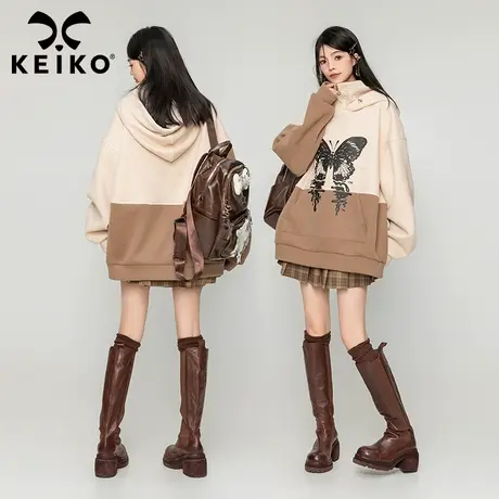 KEIKO [加密绒]蝴蝶花拼色连帽卫衣女秋冬美德拉立领连帽休闲外套商品大图