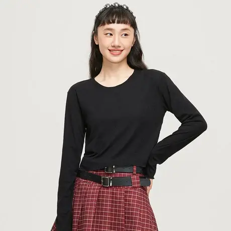 真维斯Z+女装 圆领短款卷边长袖T恤辣妹风显瘦百搭纯色上衣图片