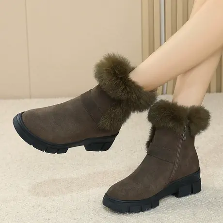 2023真皮大码女靴41一43秋季新款雪地靴女防滑超厚平底保暖棉靴图片