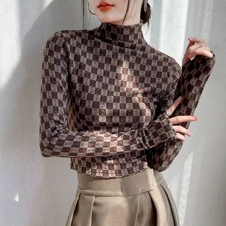 磨毛高领提花长袖打底衫女2023秋冬新品棋盘格设计感加绒正肩上衣商品大图