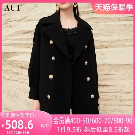 AUI黑色御姐气质宽松毛呢外套女2023冬新款高级感中长款呢子大衣图片