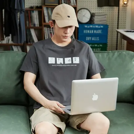 [兔八哥联名]唐狮方块印花纯棉短袖t恤男夏季潮流休闲学生衣服商品大图