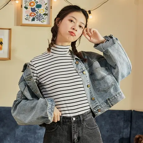 春秋冬季条纹半高领打底衫女内搭长袖上衣t恤修身百搭打底衣图片