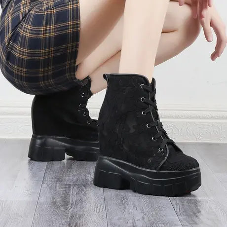 内增高女鞋13公分黑色蕾丝网面厚底运动高帮鞋女透气镂空坡跟单鞋商品大图