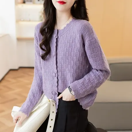 23089款韩版宽松圆领长袖纯色针织衫毛衣开衫外套女百搭上衣图片