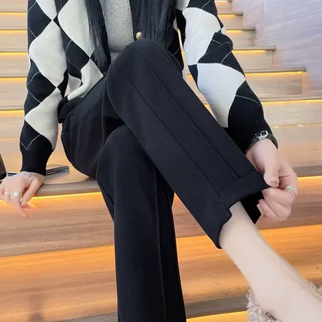 黑色毛呢哈伦裤女冬季加厚高腰显瘦小个子拼接百搭九分直筒烟管裤商品大图