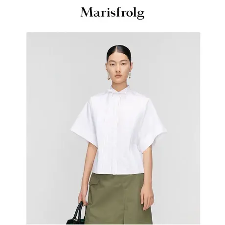 Marisfrolg玛丝菲尔夏季新款领部飘带装饰立领条纹白色衬衫商品大图