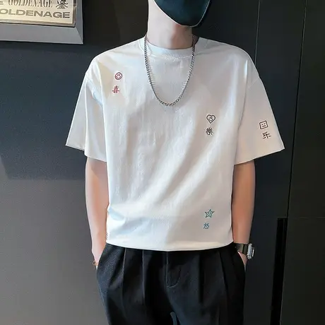 2024新款ins潮牌短袖T恤个性痞帅休闲刺绣上衣男装夏季潮流半截袖商品大图