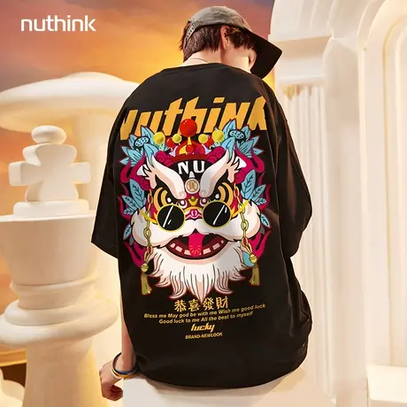 国潮狮子头短袖T恤男潮ins宽松大码男装中国风夏装明星同款情侣装商品大图