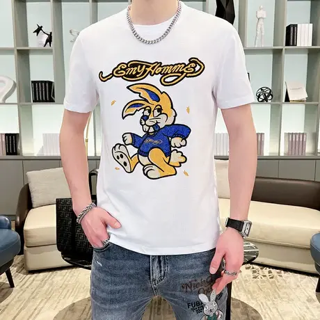 欧洲站潮牌亮片烫钻短袖T恤男2024夏季宽松高端丝光棉380g打底衫商品大图