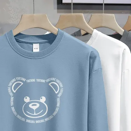 圆领卫衣男春秋款潮牌小熊套头无帽上衣宽松潮流百搭加绒长袖t恤商品大图