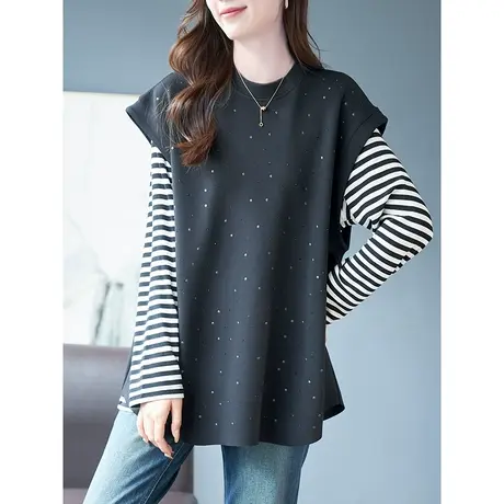 宝诗黎圆领烫钻马夹搭配背心女2024春季新款无袖T恤时尚外搭上衣商品大图