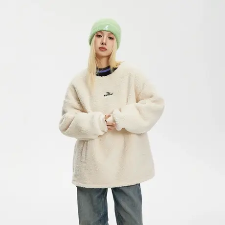 美式拼接圆领加绒卫衣女冬季2023新款宽松无帽上衣复古羊羔毛外套商品大图