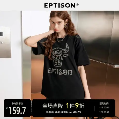 EPTISON短袖t恤女2023年夏季新款时尚烫钻宽松休闲纯棉圆领上衣商品大图