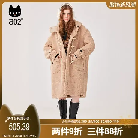 a02非正式学院2025冬季甜酷宽松慵懒仿羊羔毛带帽长款厚大衣外套图片
