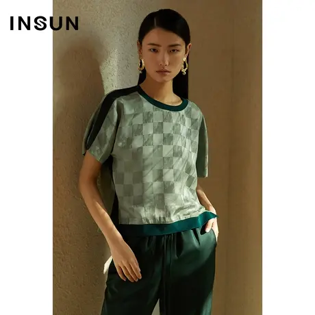 INSUN恩裳线上专选夏季棋盘格撞色螺纹醋酸T恤商品大图