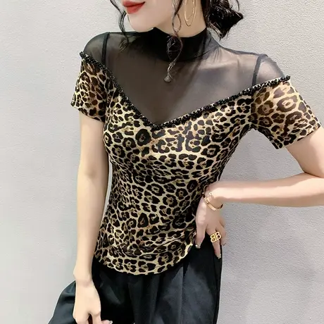 性感豹纹T恤女短袖2024夏季洋气半高领上衣网纱拼接小衫显瘦半袖图片