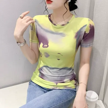 2024夏装新款晕染印花T恤女短袖洋气网纱小衫修身显瘦圆领上衣ins商品大图