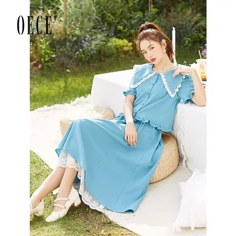 Oece复古半身裙夏装新款女装法式蕾丝拼接裙子高腰气质中长裙图片