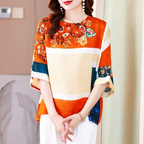 夏季女士真丝t恤2023新款中袖宽松显瘦遮肚子上衣高级感洋气小衫图片