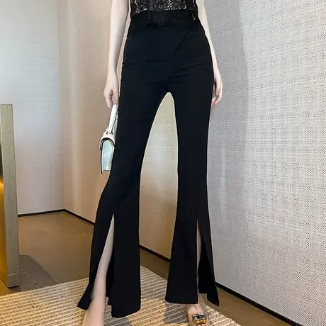 高腰休闲开叉喇叭裤2023新款黑色裤子百搭气质显瘦工装阔腿裤长款商品大图