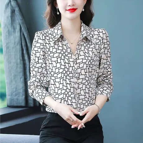 2023春秋新款真丝长袖衬衫女洋气大码宽松妈妈上衣漂亮百搭打底衫商品大图