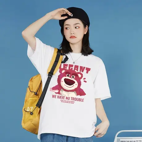 草莓熊t恤女装2024年夏季新款潮流纯棉情侣装短袖小熊正肩上衣ins商品大图