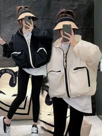 2023春季新款韩版时尚百搭拼色设计连帽拉链薄款防晒外套女ins潮商品大图