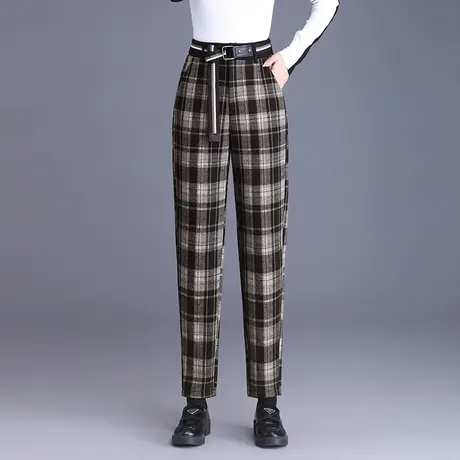 时尚格纹哈伦裤女秋冬2023新款高腰厚羊毛呢休闲裤显瘦百搭萝卜裤商品大图