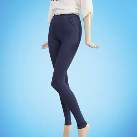 女薄款九分仿牛仔打底裤高腰口袋黑色弹力脚蹬踩脚裤蓝色大码加肥商品大图