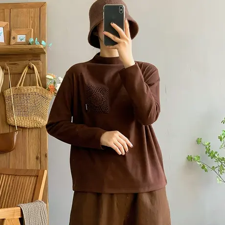 dza 复古纯色棉质刺绣长袖加绒T恤女秋冬内搭打底衫宽松百搭上衣商品大图