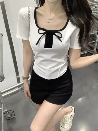 大码女装微胖妹妹撞色方领减龄绑带上衣夏季纯欲修身显瘦短袖T恤商品大图